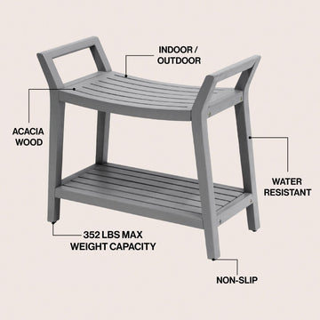 Orla 25.6" Modern Classic Slatted Solid Acacia Wood Indoor/Outdoor Shower Bench with Shelf and Handle